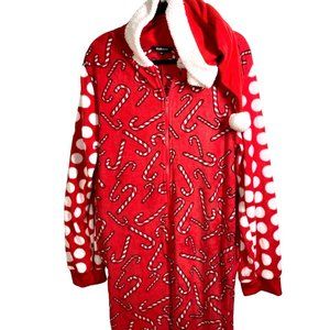 #Follow me Christmas one piece zip up pajamas santa hood candy canes women's XXL